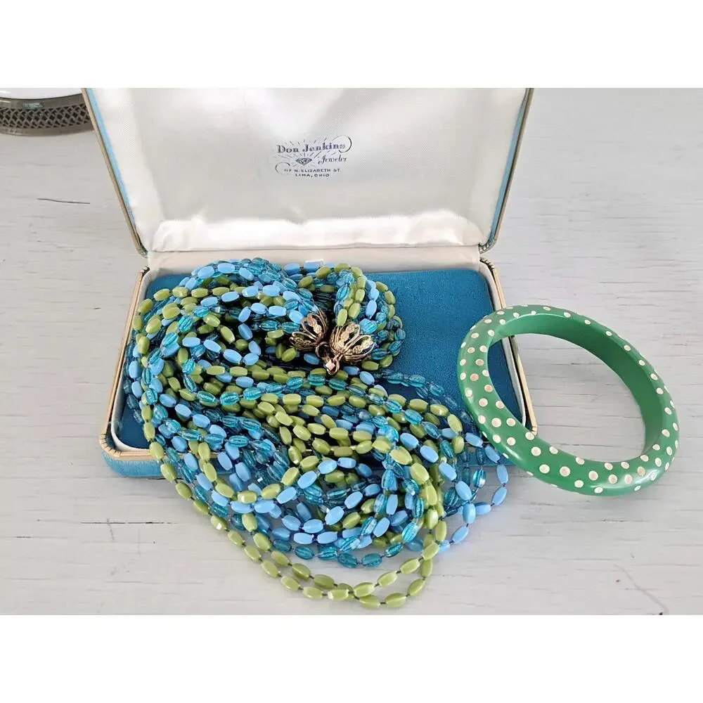 Vintage Mid-Century Blue and Green Necklace and Bracelet Set